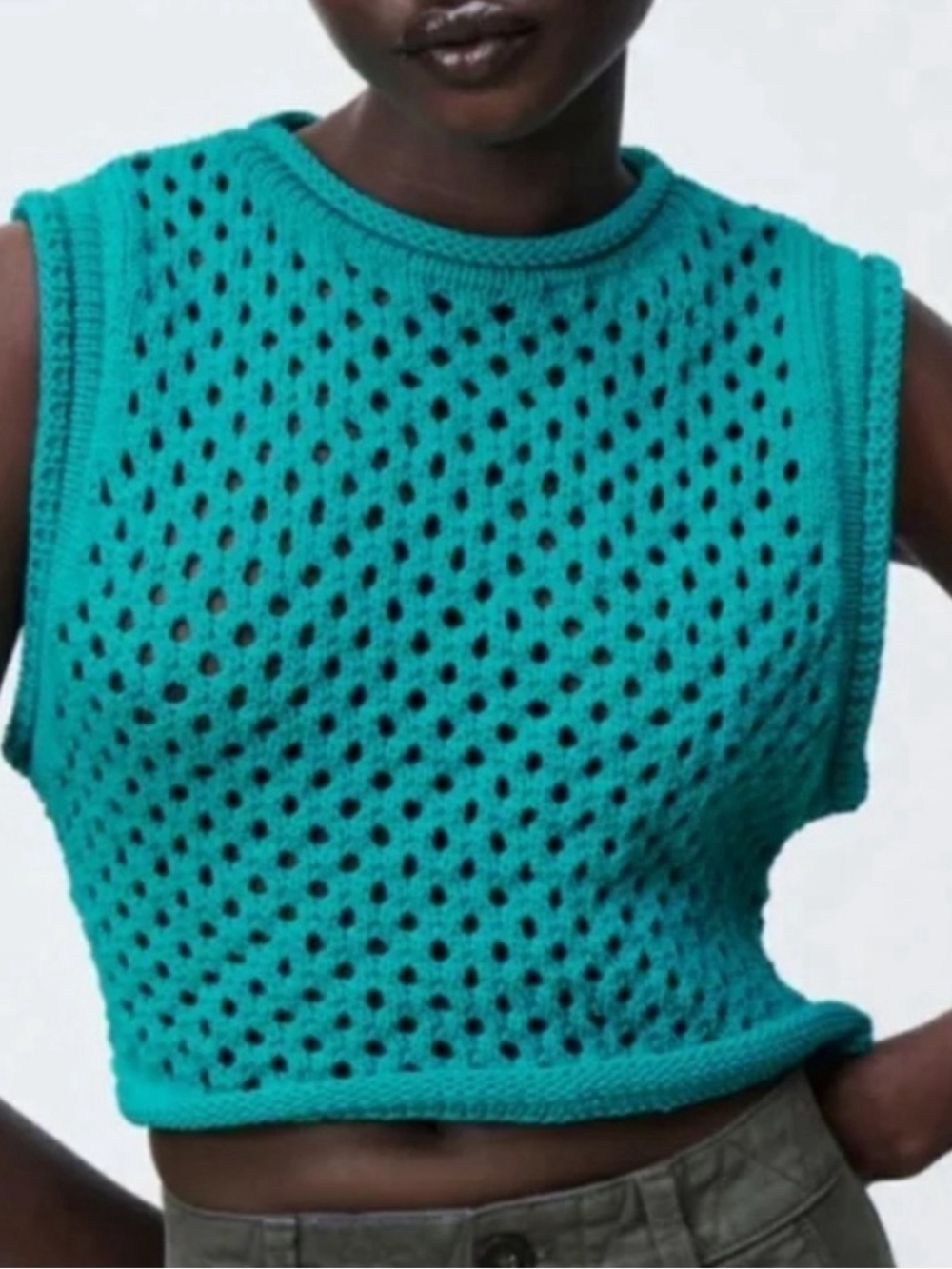 Zara Teal Crochet Knit Sleeveless Crop Top - Women's